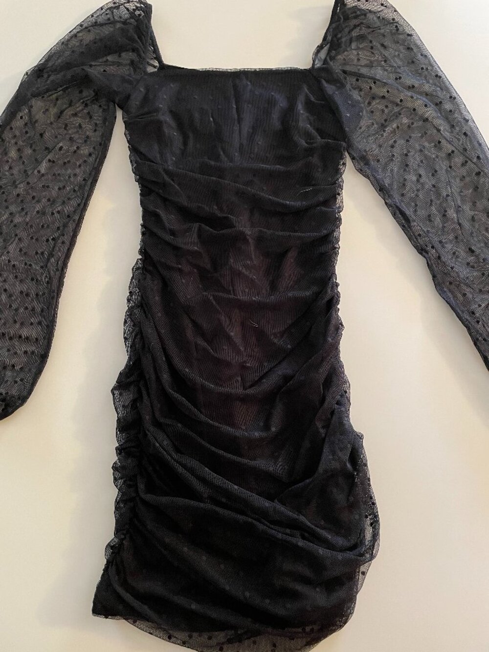 Windsor Black Ruched Mini-Dress w/ Sheer Long Sleeves - Women's XS